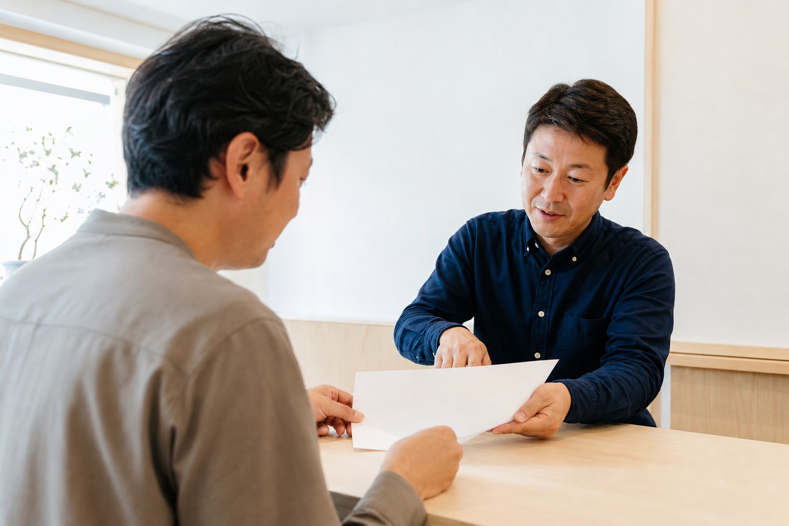 コハク買取のカウンターで、鑑定士が査定書を見せながらお客様に説明している様子