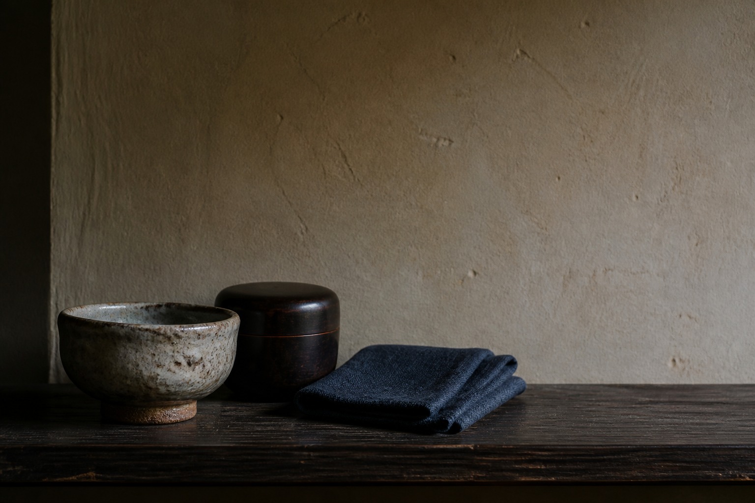 土壁の前に置かれた抹茶碗と漆器の茶筒、藍染めの布。静かな和の佇まい