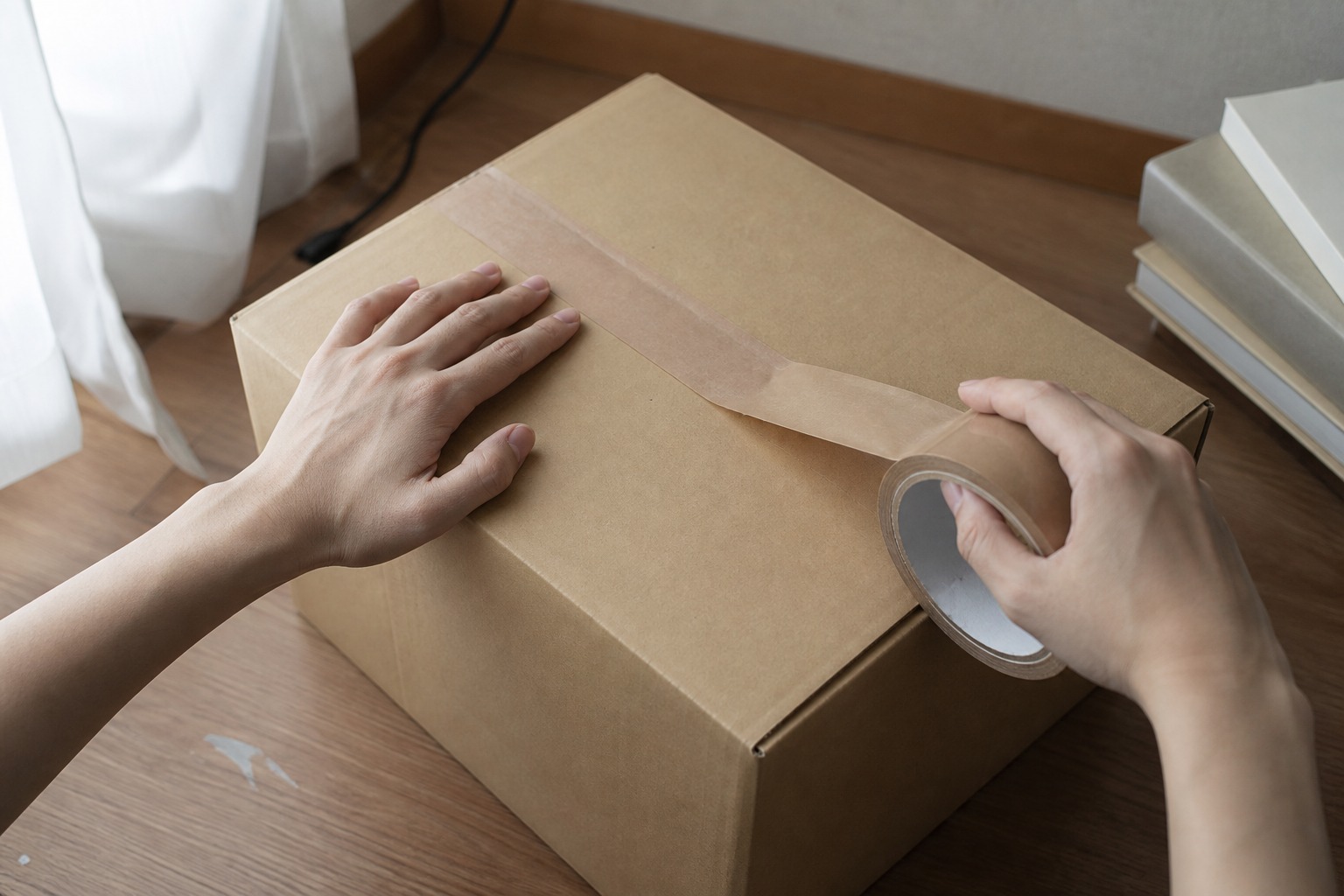 段ボールにテープを貼って封をする手元