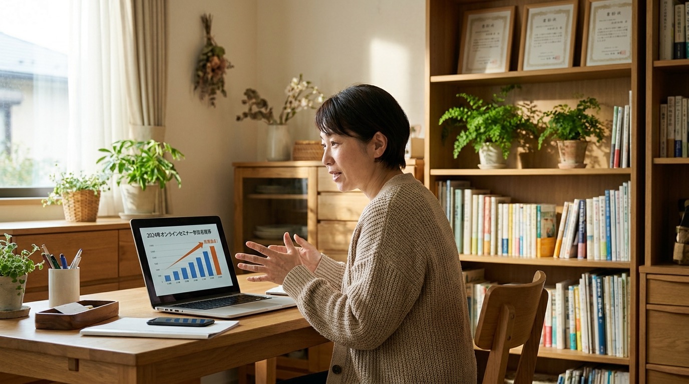 オンラインセミナーで実績データを示しながら講義する講師