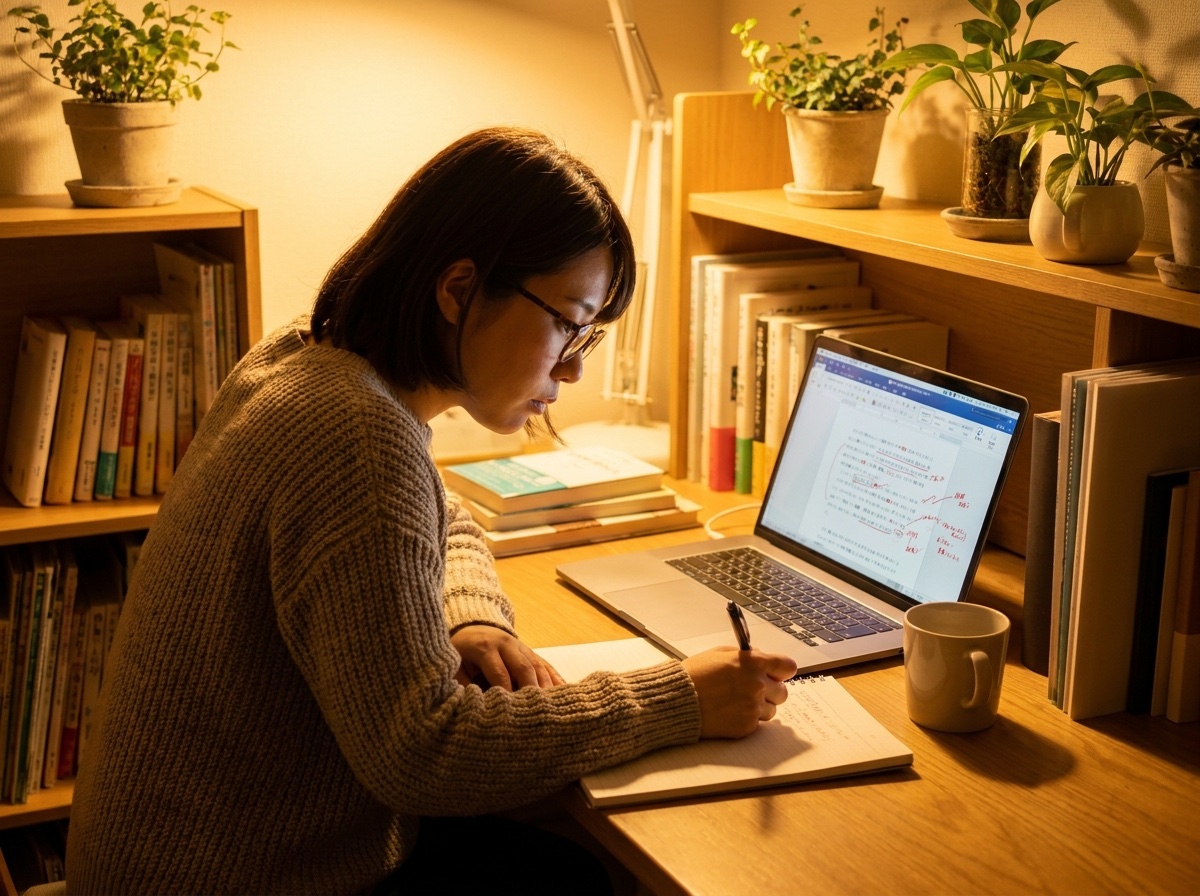 記事構成の添削を受ける様子