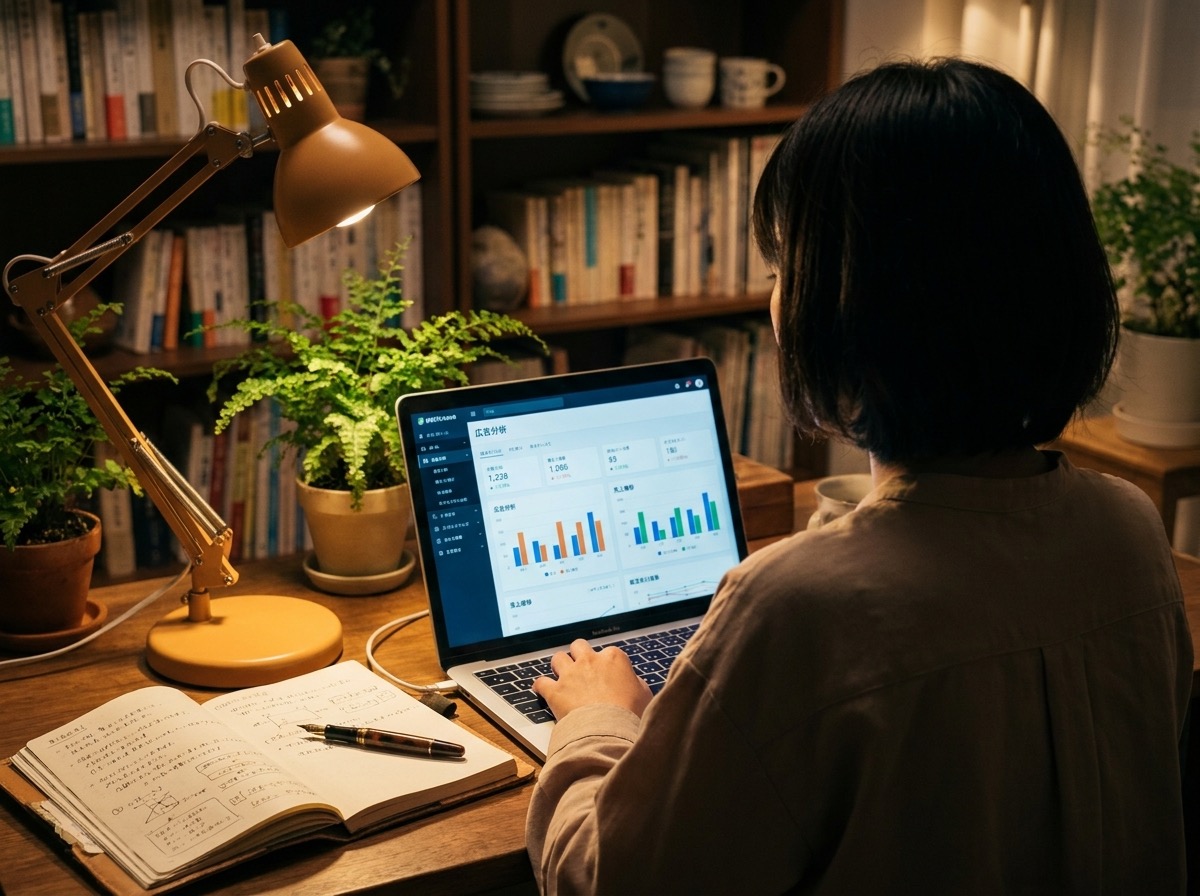 広告分析ダッシュボードを見ながら学習ノートをまとめる様子