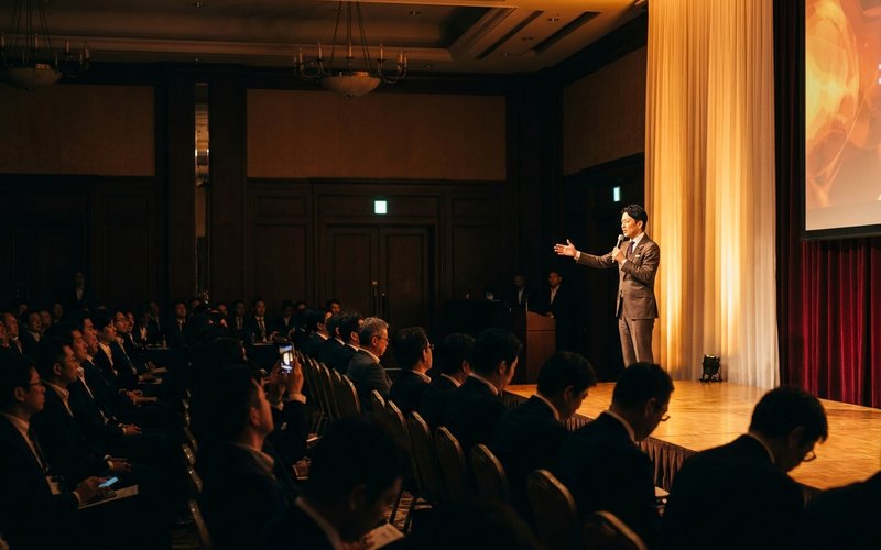 スポットライトを浴びる登壇者と満席の会場
