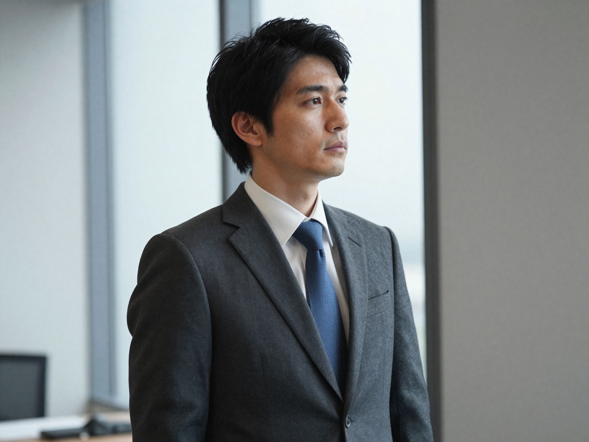 伸び悩みの中、窓の外を見つめて考える会社員