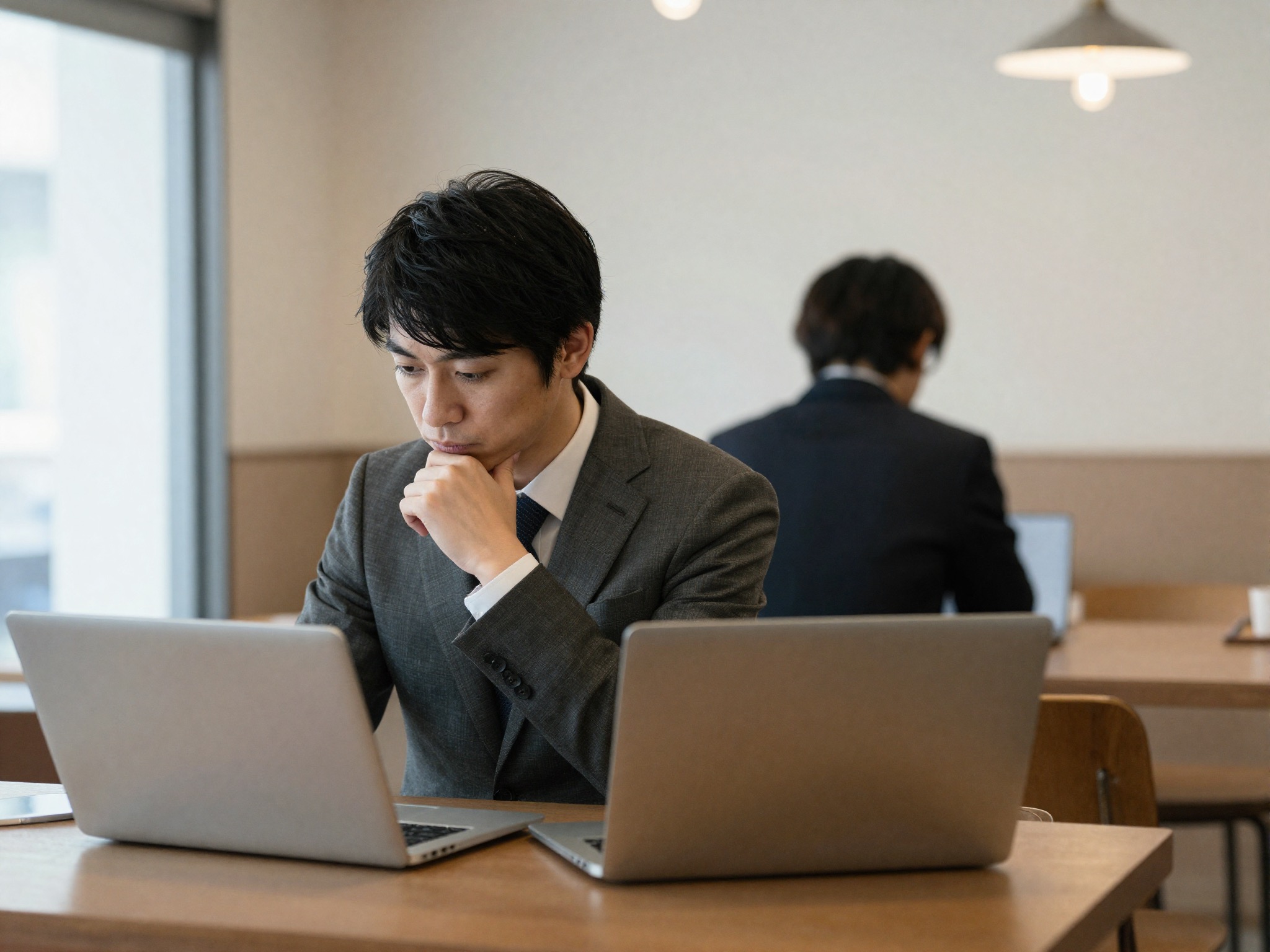 カフェで一人考えごとをするビジネスパーソン