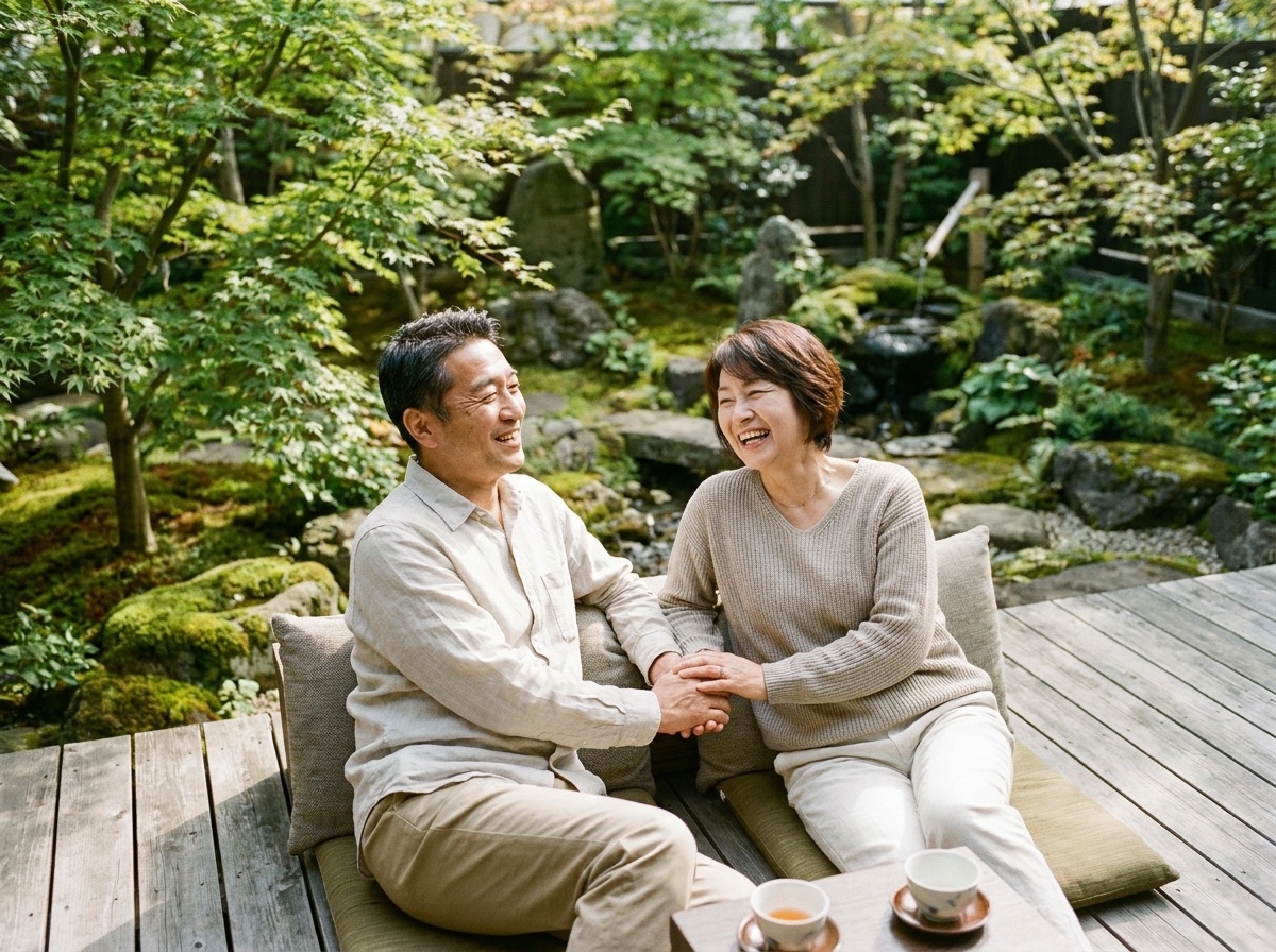 ウッドデッキでくつろぐ夫婦