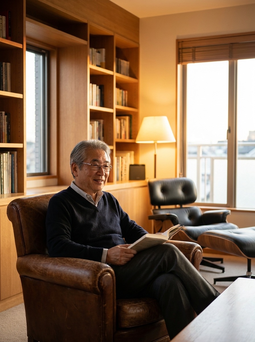 書斎で寛ぐ様子