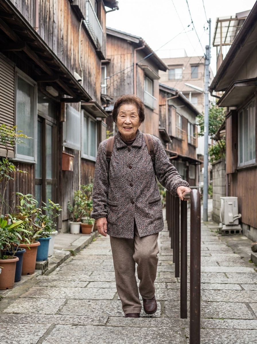 階段を上る高齢女性